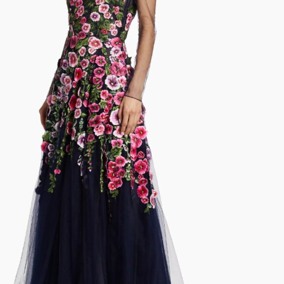 OSCAR De La RENTA  Hollyhocks Threadwork Tulle Long-Sleeve Gown Size 14  $4,990 - Picture 8 of 15